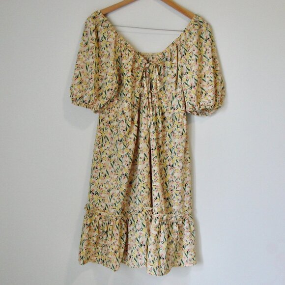 Yellow Floral Midi Dress Prairie Ditsy Babydoll Ruffle Puff Sleeve Size Large - Picture 2 of 16
